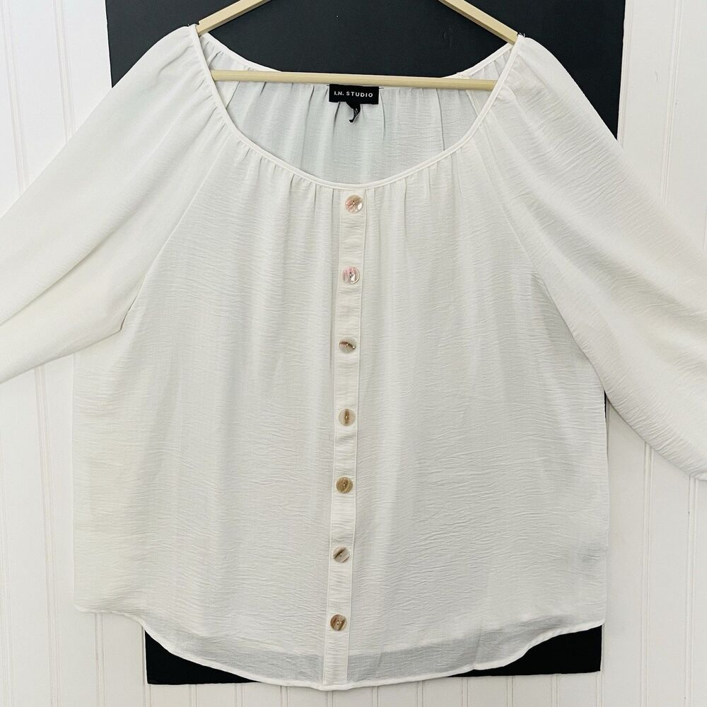 I. N. Studio Women's White Peasant Boho Blouse Lined 3/4 Sleeve Large